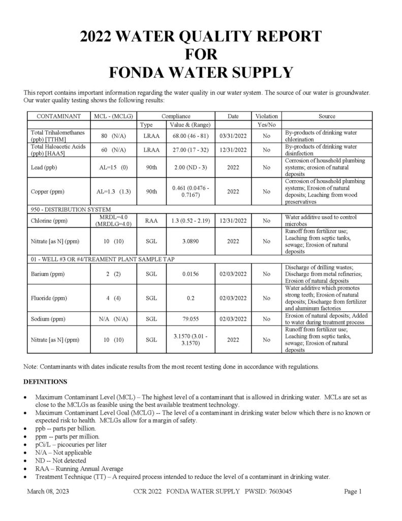 City of Fonda Water Quality Report 2022