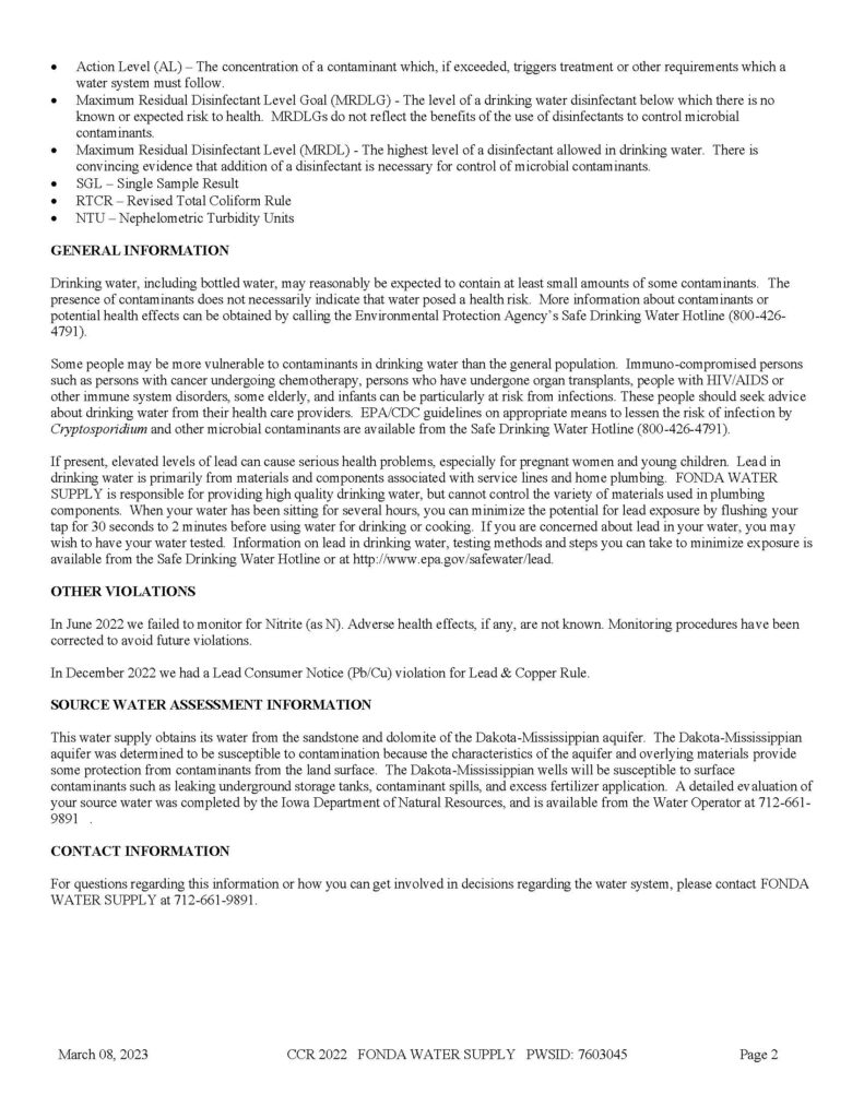 City of Fonda Water Quality Report 2022 page 2